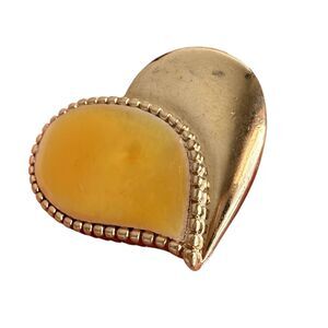 Vintage Yellow Mother of Pearl Gold Tone Heart Brooch Pin Mixed Media